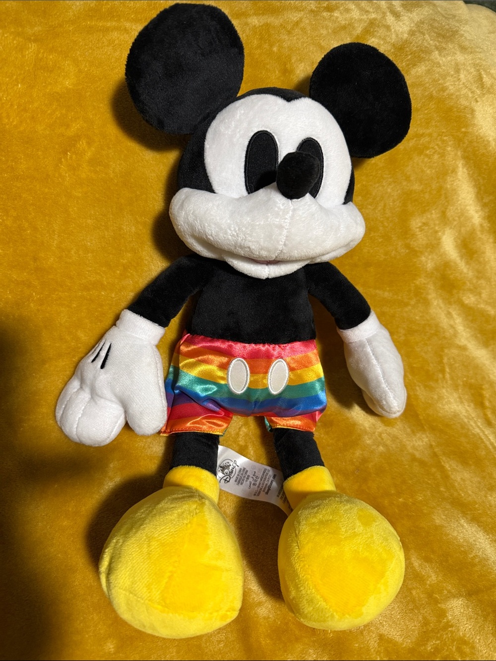 Disney Mickey Mouse Plush with Rainbow Shorts - Black, White, Yellow